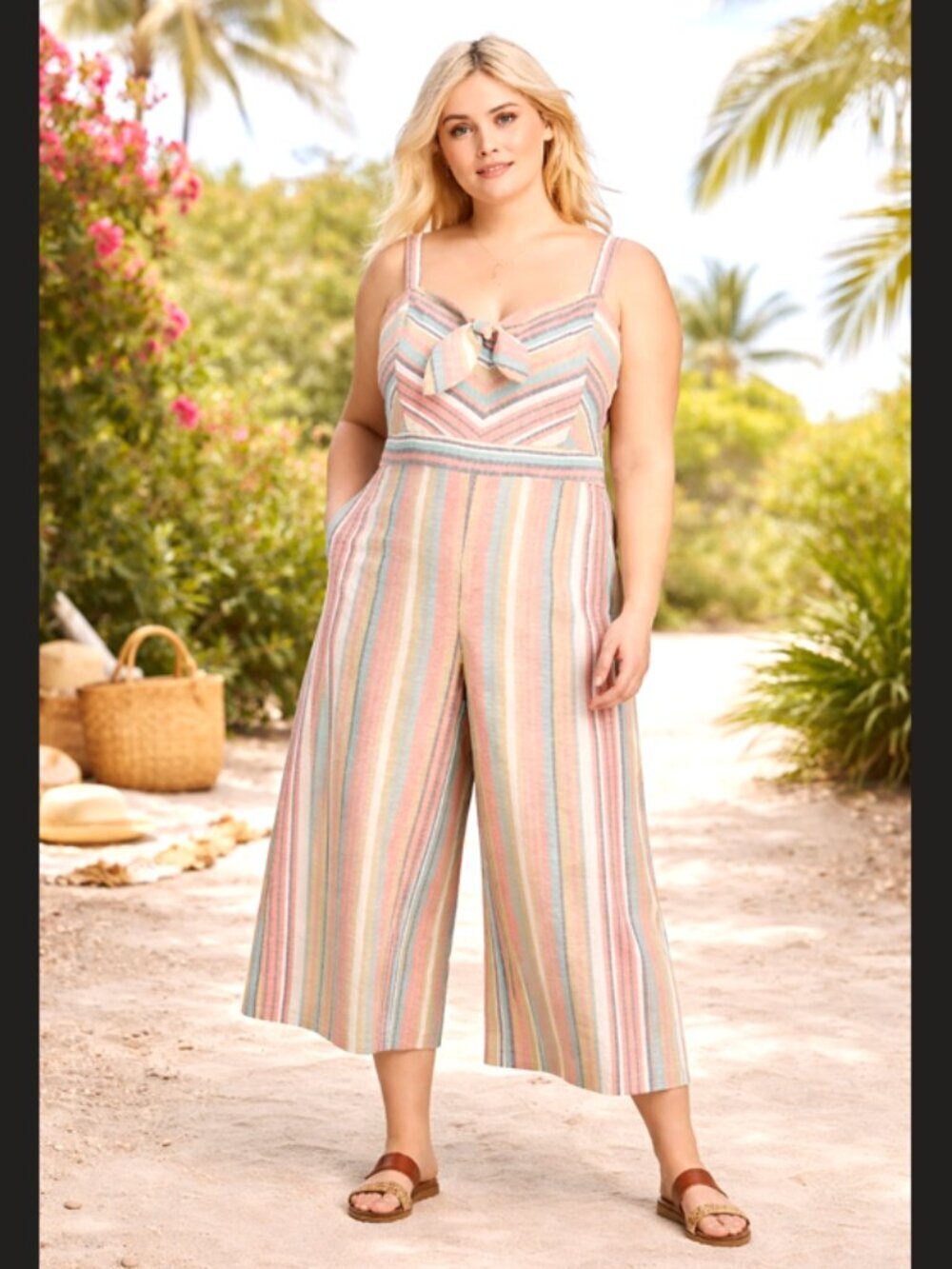 Gabby Skye Striped Jumpsuit Tie front Size 24W/3X Cotton Sleeveless summer beach